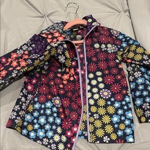 Lands' End Girls Floral Hooded Rain Jacket - Pink and Navy